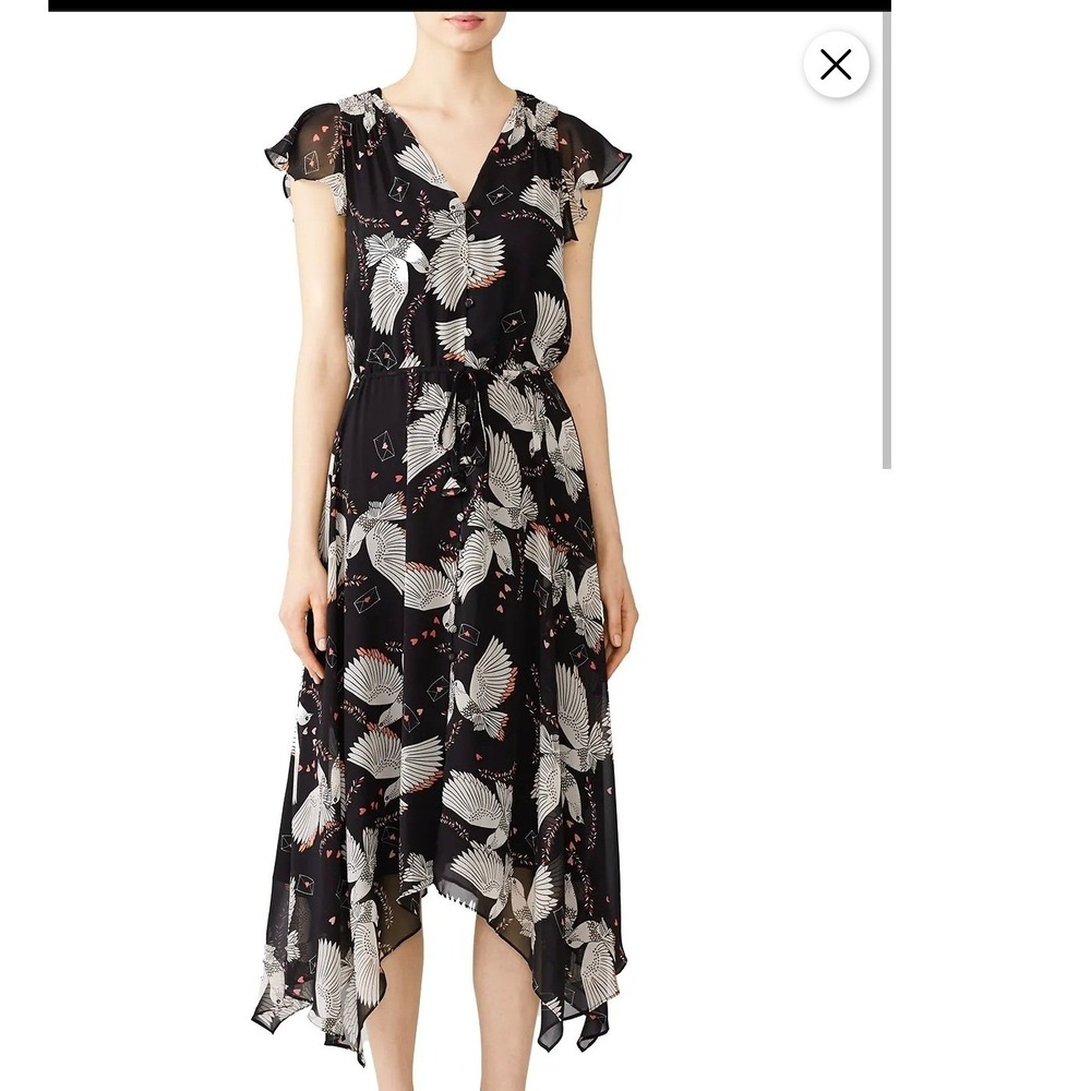 Rebecca Minkoff Midi Dress Black Bird Print Flutter Sleeve V Neck Size 0
